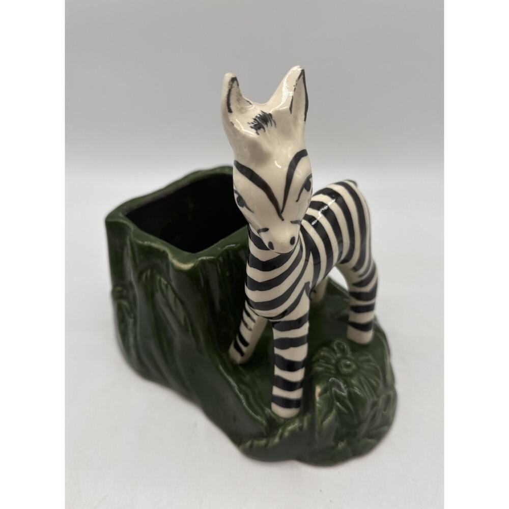 Vintage Shawnee Pottery Zebra Standing By Green Stump Planter 7”